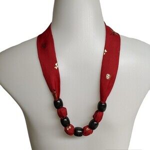 Ribbon & Wood Beads Asian Theme Necklace / Choker